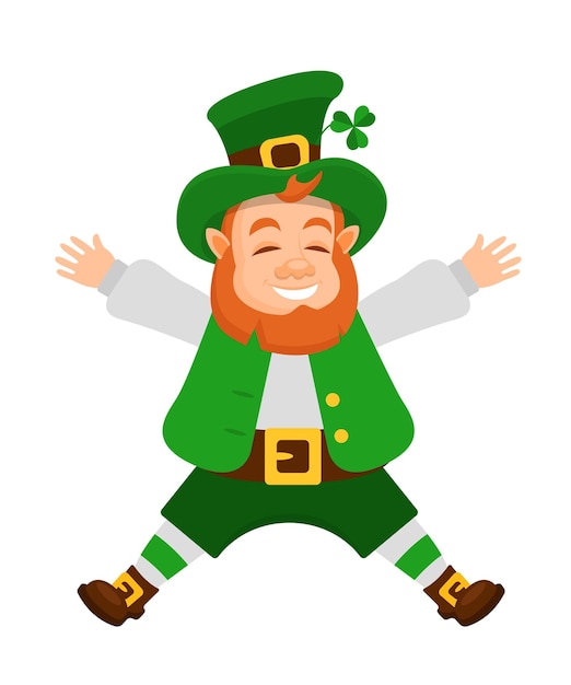 Grappige Ierse fantastische karakter kabouter kabouter Feestdag van Sint Patrick Gelukkige kabouter in traditionele kleding en hoofddeksels lacht stuiterend op de dag van Sint Patrick Vector cartoon