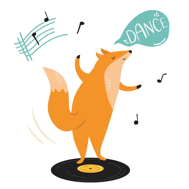 Grappige illustratie van een vos die op vinylplaat danst