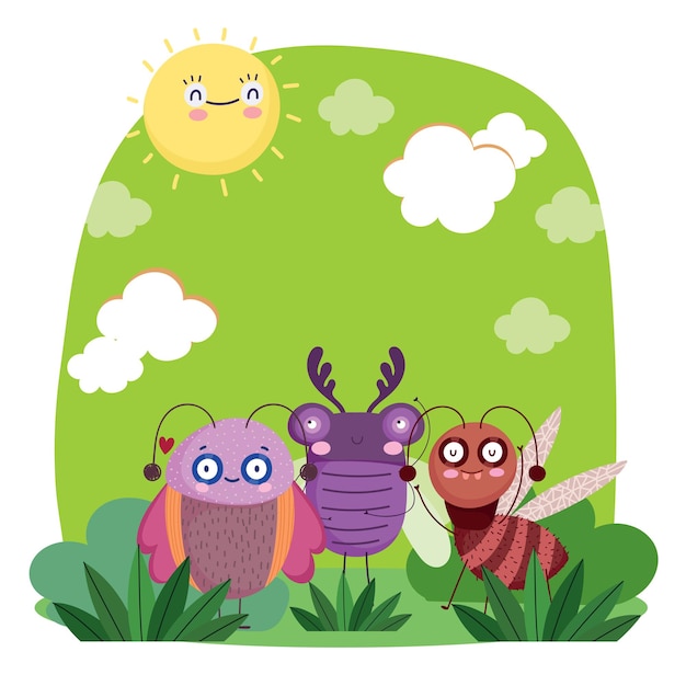 Grappige insecten dieren samen gras natuur cartoon afbeelding