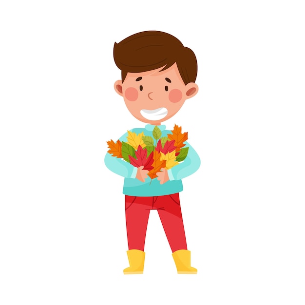 Grappige jongen personage in rubberen laarzen die herfstbladeren vasthoudt Vector illustratie