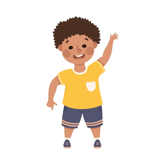 Grappige jongen wijst naar iets met uitgestrekte hand en wijsvinger Vector illustratie