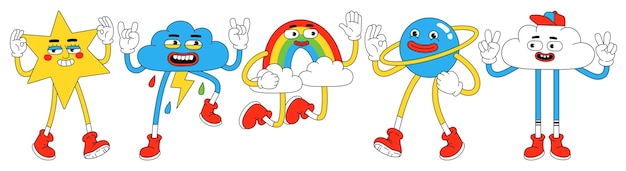 Grappige karakters in trendy retro cartoonstijl Sterrenplaneet regenboog en wolk