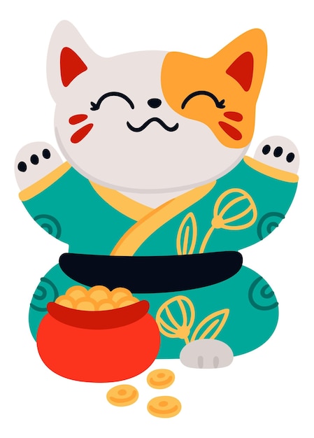 Grappige kat in Japanse kleding Traditioneel geluksspeeltje