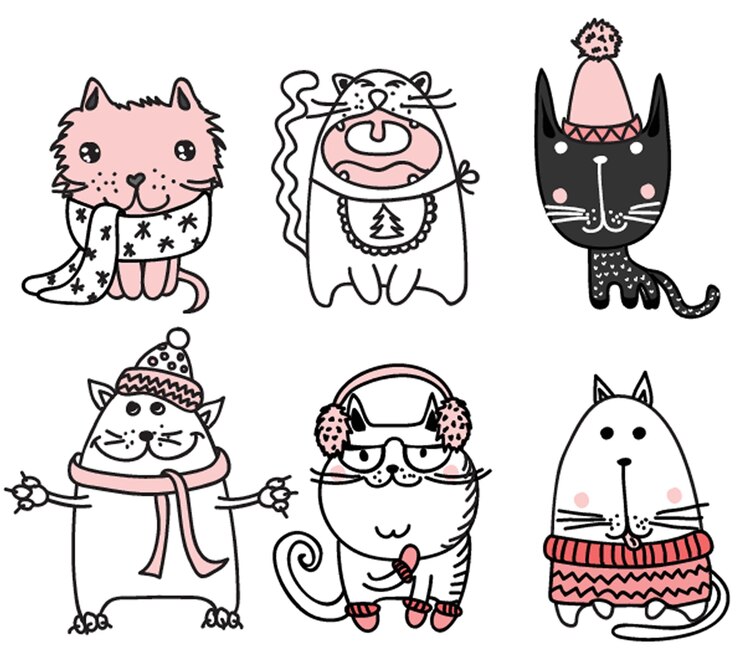 Vector grappige katten doodles set van 9 handgetekende karakters in verschillende poses ontwerpelementen voor afdrukken stickers wenskaarten tshirt poster geïsoleerd op de achtergrond