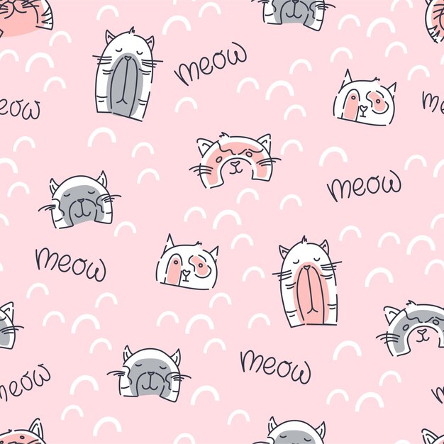 Grappige katten naadloze patroon op een roze achtergrond. kinderprint voor stof, verpakking. vector illustratie.