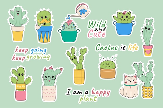 Grappige kawaii cactusstickers Cartoon cactus