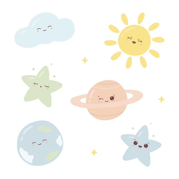 Grappige kawaii sterren planeten zon en wolk in pastelkleuren