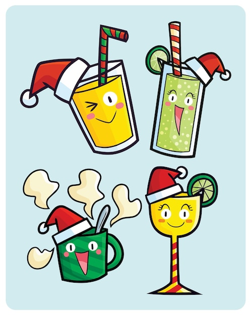 Vector grappige kerstdrankkarakters in cartoonstijl