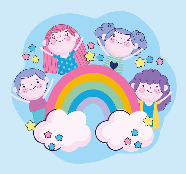 Grappige kinderen samen sterren regenboog cartoon, childrens illustratie