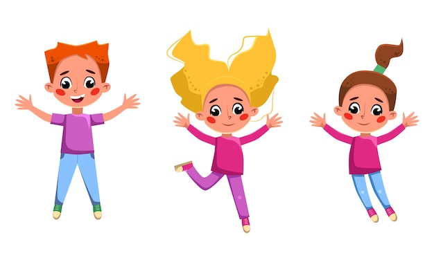 Grappige kinderen springen Gelukkige meisjes en jongens hebben plezier samen cartoon vector illustratie