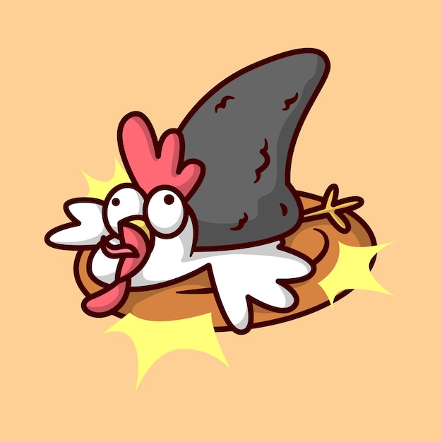 grappige kip op een stamper en verpletterd door een stenen vijzel cartoon mascotte voor het bedrijfsleven