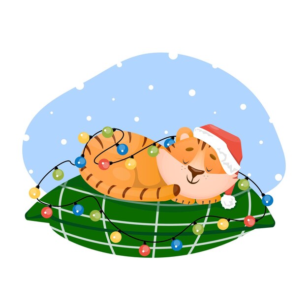 Grappige kleine gelukkige tijgerwelp slaapt op kussen gehuld in slingers Vectorkarakterillustratie