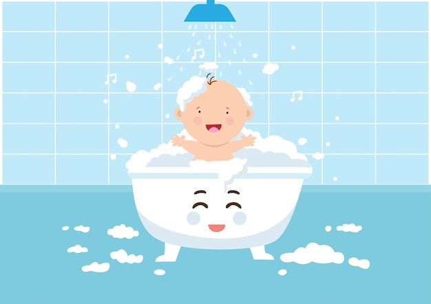 Grappige kleine jongen speelt met water en schuim in de grote badkuip Vlakke stijl cartoon illustratie vector