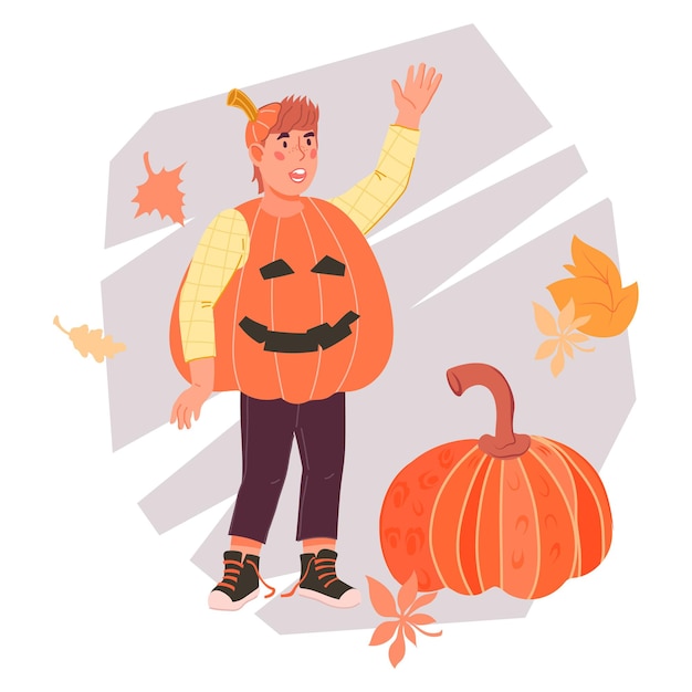 Grappige kleine kind jongen in Halloween kostuum van pompoen platte cartoon vector geïsoleerd