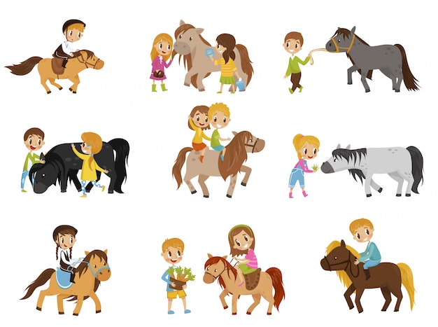 Vector grappige kleine kinderen rijden pony's en het verzorgen van hun paarden set, paardensport