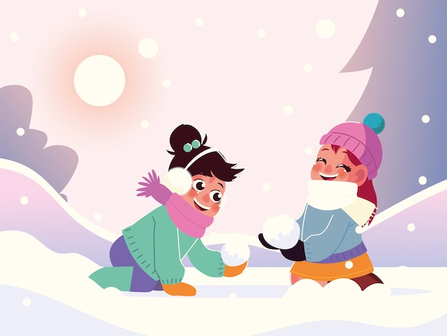 Grappige kleine meisjes met warme kleren spelen in de sneeuw, winters tafereel illustratie