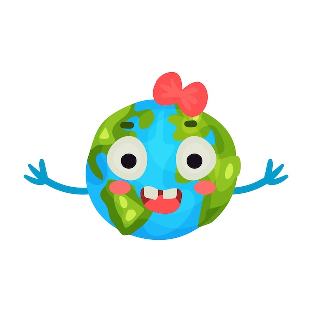 Grappige lachende cartoon Earth planet emoji met rode strik, gehumaniseerd globe karakter met emoties kleurrijke vector illustratie op een witte achtergrond