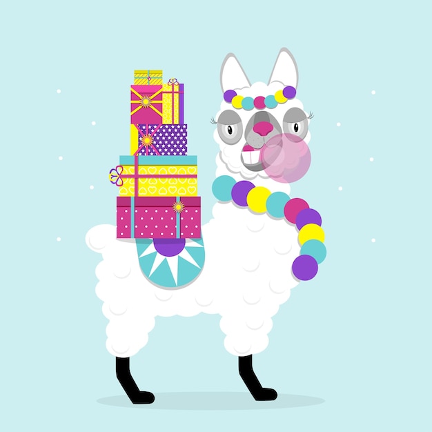 Vector grappige lama alpaca met nieuwjaarsgeschenken en kauwgom op blauwe achtergrond