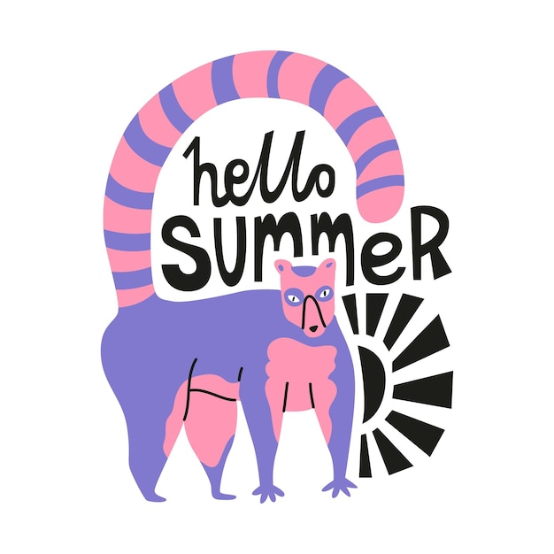 Grappige lemur met een grote gebogen gestreepte staart Motivatiezin in het Engels hallo zomer Afrikaanse dieren voor groetenkaarten Ontwerp voor kinderen in trendy cartoon stijl en kleuren Vector illustratie