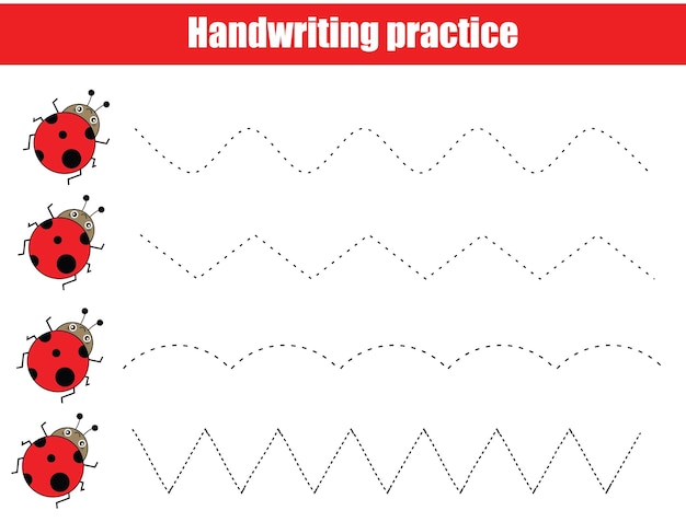 Grappige lieveheersbeestjes Handschrift oefenblad Educatief spel voor kinderen Traceerlijnen voor kinderen