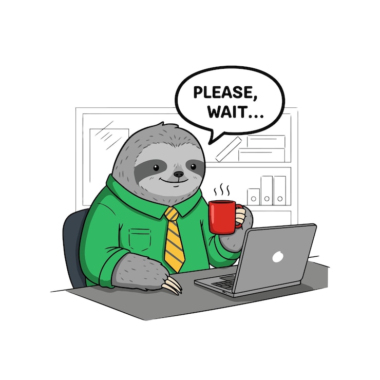 Vector grappige luiaard die aan de laptop werkt met koffie.
