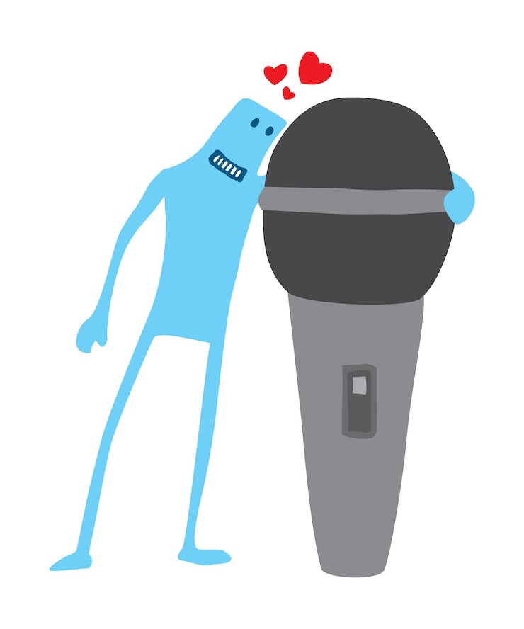 Vector grappige man verliefd op microfoon