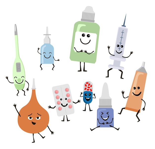 Grappige medicijnen. Geneeskunde emoticons op wit, humor pillen, thermometer, spuit cartoon medische capsules tekeningen, EHBO-tekens. Kawaii karakter. vectorillustratie