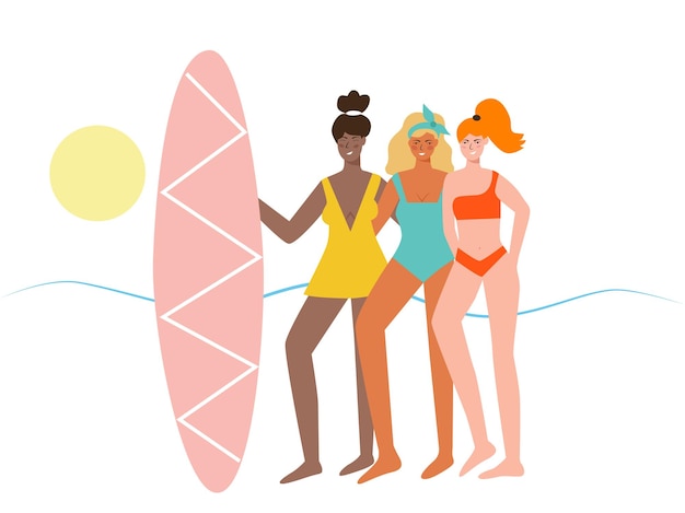 Grappige meisjes op het strand. vector illustratie