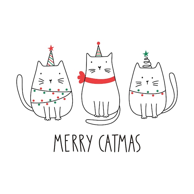 Grappige merry christmas-katten met belettering merry catmas doodle cartoonstijl