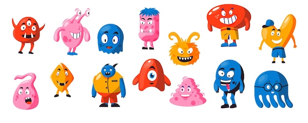 Grappige monstervormen Leuke abstracte monstergezichten met verschillende emoties grillige kinderpersonages