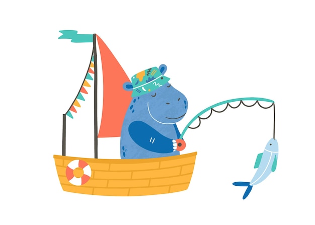 Grappige nijlpaard in boot platte vectorillustratie. Schattig visser stripfiguur. Hippo in klein schip dat op wit wordt geïsoleerd. Aanbiddelijk dier met vervoer. Vissen hobby, outdoor vrijetijdsbesteding.