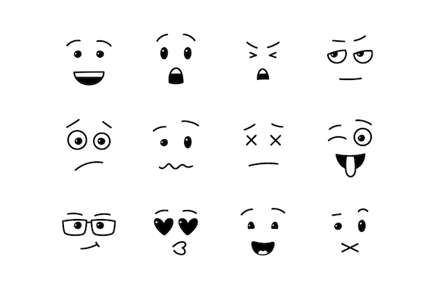 Grappige omtrek emoji abstracte komische gezichten met verschillende emoties in doodle stijl vector emoticons