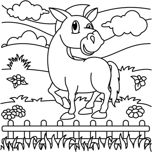 Grappige paard stripfiguren vector illustratie Voor kinderen kleurboek