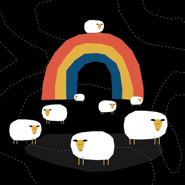 Grappige papier gesneden schapenkaart sjabloon abstracte creatieve schapen en regenboog illustratie voor ontwerp kinderachtig poster verjaardagskaart veterinaire kliniek reclame uitnodiging dierenwinkel verkoop enz