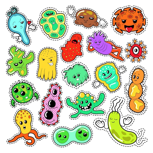 Grappige personages bacteriën en microben instellen voor stickers, insignes, patches. vector doodle