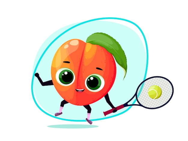 Grappige perzik speelt tennis een fruit in cartoonstijl
