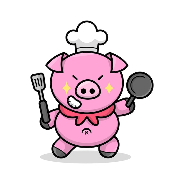 GRAPPIGE PIG CHEF BRENGT PAN EN SPATEL CARTOON MASCOT LOGO