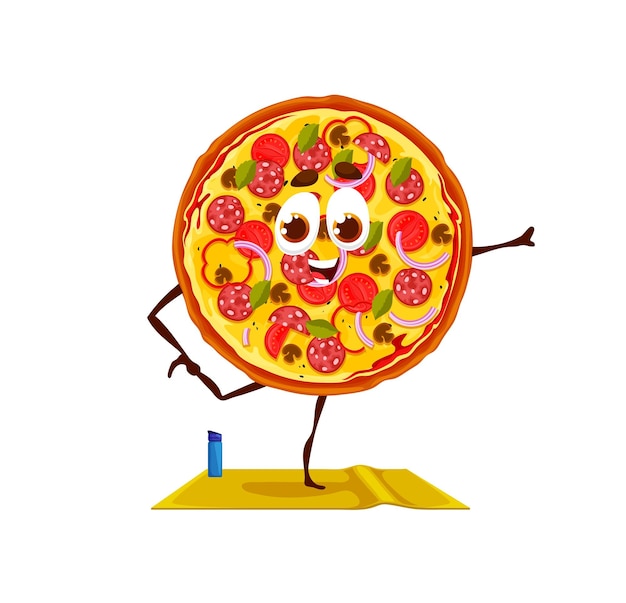 Grappige pizza stripfiguur op yoga fitness