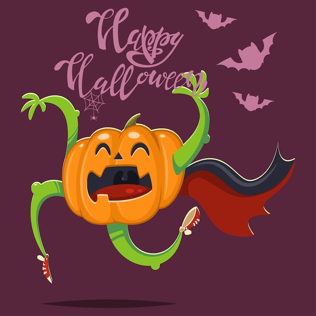 Grappige pompoen in een vampiermantel met vleermuizen. Halloween-illustratie met plantaardig karakter en handtekst.