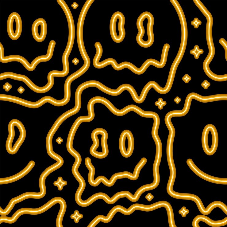 Vector grappige psychedelische surrealistisch smelten glimlach gezicht neon licht naadloze patroon. vector illustratie naadloze patroon. glimlach gele neon gezicht smelten, zuur, techno, trippy print voor t-shirt, poster, kaart concept