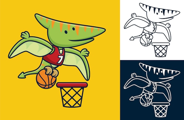 Grappige pterodactylus die basketbal speelt. vectorbeeldverhaalillustratie in vlakke pictogramstijl