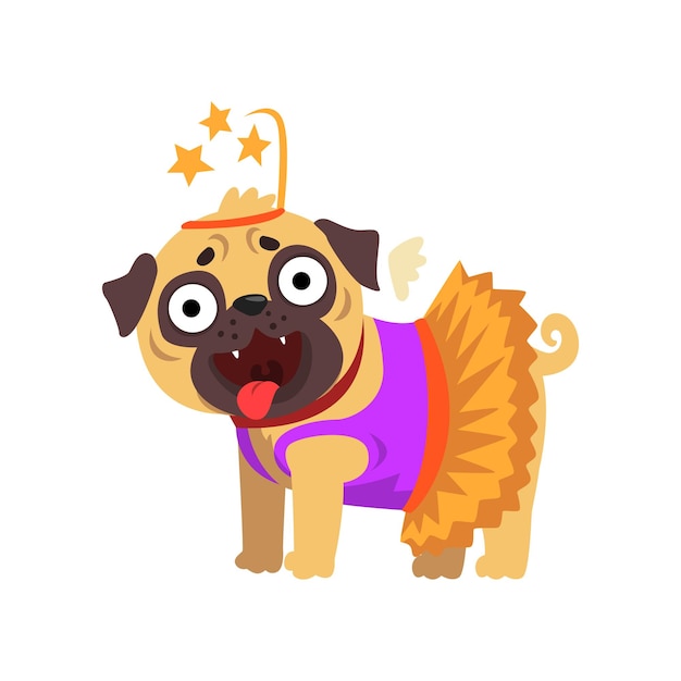 Grappige pug dog karakter verkleed als fee, grappige hond in jurk met vleugels en hoofddeksels vector illustratie geïsoleerd op een witte achtergrond.