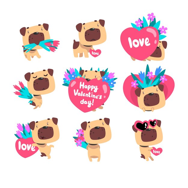 Grappige Pug dog met boeketten van bloemen en harten instellen schattige Valentine dierlijke karakter vector illustratie geïsoleerd op een witte achtergrond