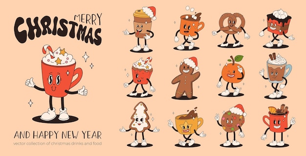 Grappige Retro cartoon kerstkarakter in groovy jaren '50, '60, '70 Vintage Stijl Gelukkig nieuwjaar mascotte met warme koffie cacao peperkoek cake cupcake en koekje Kerst vintage karakters