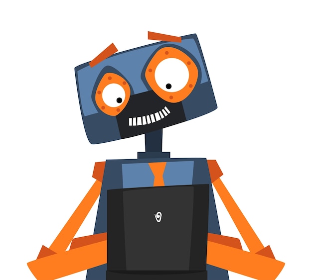 Vector grappige robot zit voor de computer android werkt met laptop kunstmatige intelligentie concept vector illustratie