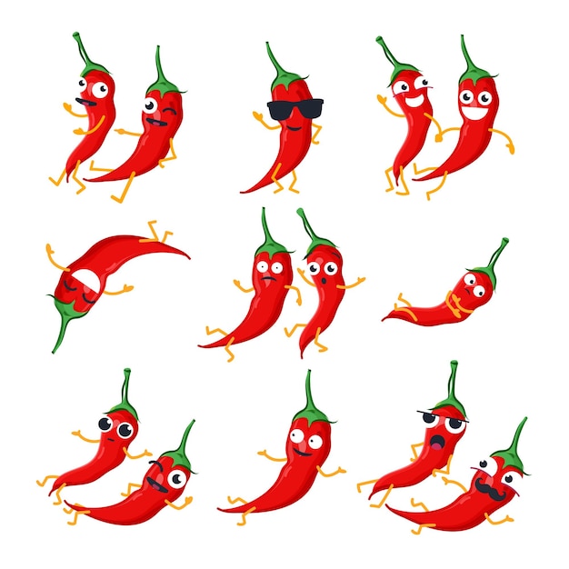 Grappige rode chilipepers - vector geïsoleerde cartoon emoticons. leuke emoji set met een leuk karakter. een verzameling van boze, verraste, blije, gekke, lachende, droevige groenten op witte achtergrond