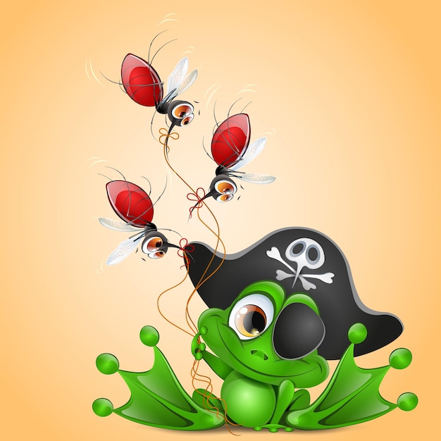 Grappige schattige cartoonkikker in Halloween-piraatpet met mug-scull-teken en muggenballonnen