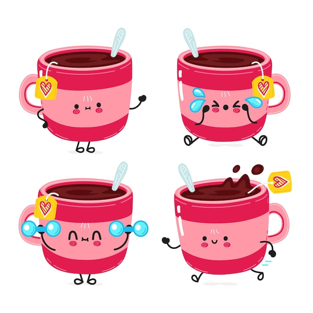Grappige schattige vrolijke roze kopje thee karakters bundel set