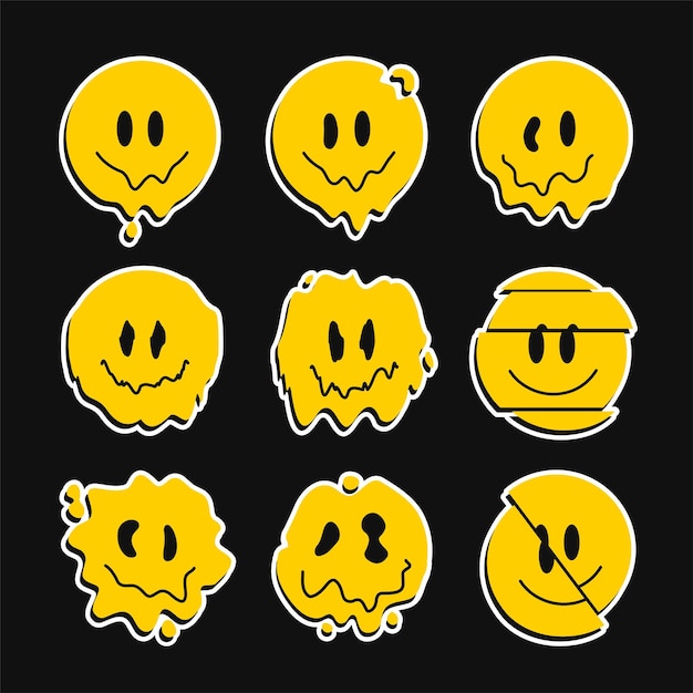 Grappige smelt glimlach gezichten instellen collectie. vector cartoon jaren 90 teken sticker pack set illustratie. glimlach gezichten smelten, zuur, trippy, psychedelische techno print voor t-shirt, poster, stickers concept