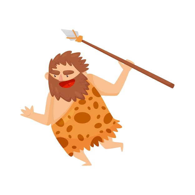 Vector grappige steentijds prehistorische man die met een speer loopt primitieve holbewoners cartoon personage vector illustratie geïsoleerd op een witte achtergrond